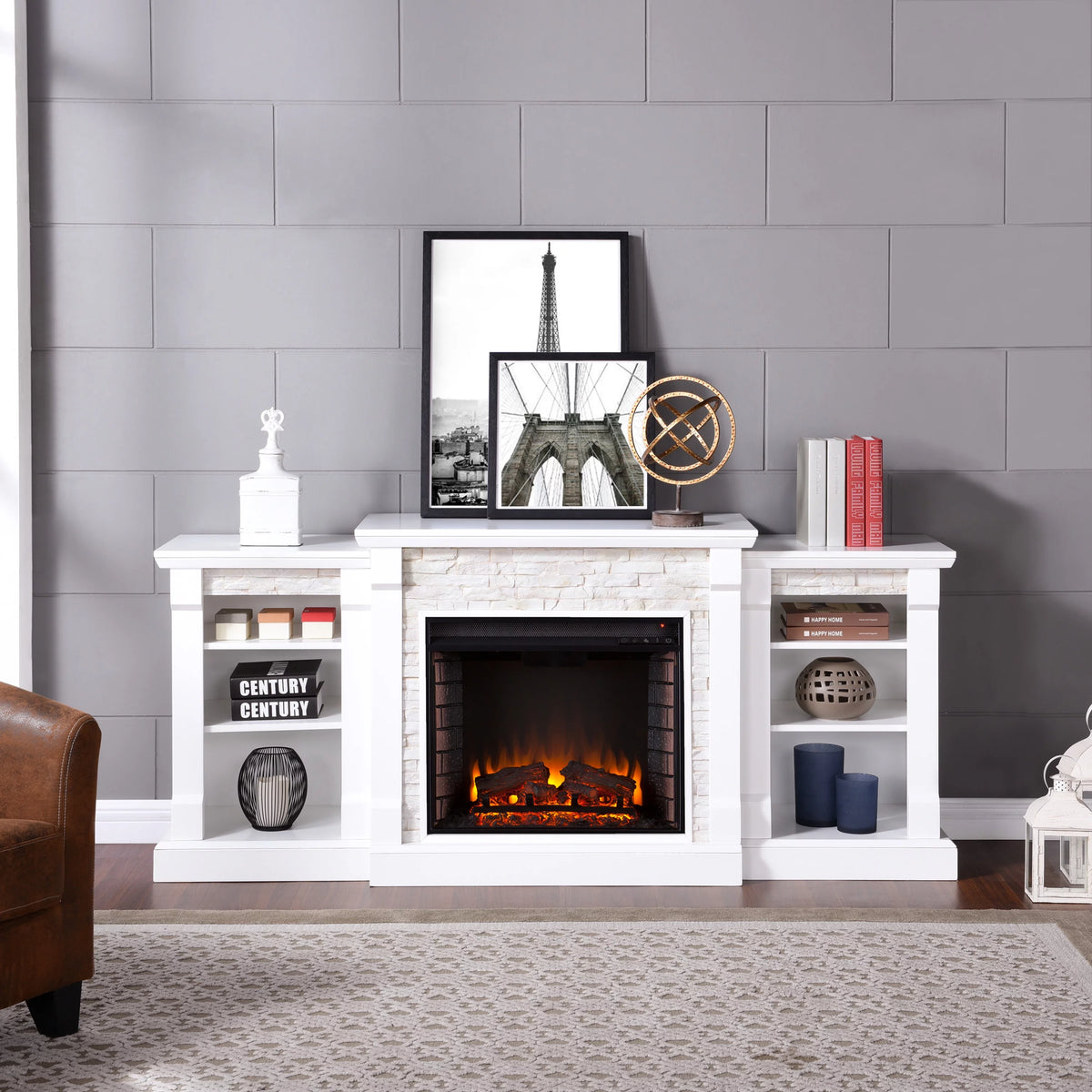 White Electric Fireplace with Bookcases E25785